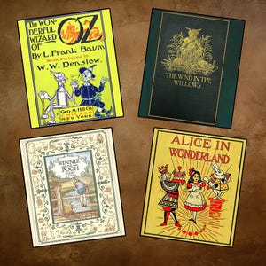 May include: Four vintage children's book covers are displayed. Titles include "The Wonderful Wizard of Oz," "The Wind in the Willows," "Winnie the Pooh," and "Alice in Wonderland." The covers feature colorful illustrations and text.