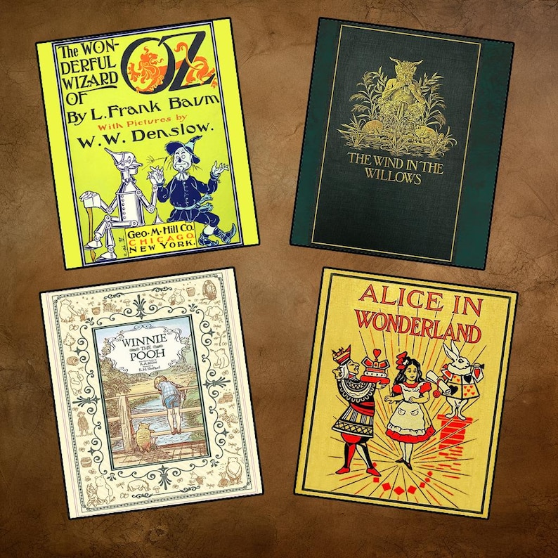 May include: Four vintage children's book covers are displayed. Titles include "The Wonderful Wizard of Oz," "The Wind in the Willows," "Winnie the Pooh," and "Alice in Wonderland." The covers feature colorful illustrations and text.