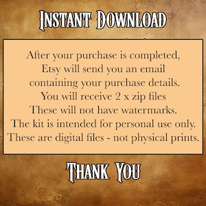 May include: Image with text: "INSTANT DOWNLOAD" and "THANK YOU". The text explains that after purchase, Etsy sends an email with details, including 2 zip files without watermarks. The kit is for personal use only; these are digital files.