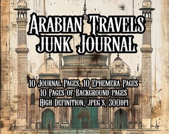 May include: A digital printable junk journal kit with an image of an ornate mosque. The kit includes 10 journal pages, 10 ephemera pages, and 10 background pages. The pages are high definition JPEGs at 300 DPI.