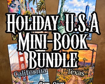May include: A Holiday U.S.A. Mini-Book Bundle Set One featuring four rectangular illustrations of American landmarks including the Statue of Liberty, the Golden Gate Bridge, a Texas landscape, and a colorful portrait with palm trees.