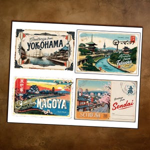 May include: Four vintage-style postcards featuring Japanese cities. The postcards are in a collage format, with each postcard showing a different city. The top left postcard shows a view of Yokohama, the top right postcard shows a view of Fukuoka, the bottom left postcard shows a view of Nagoya, and the bottom right postcard shows a view of Sendai.