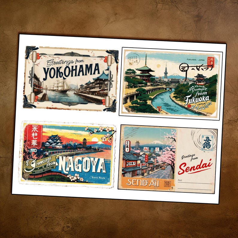 May include: Four vintage-style postcards featuring Japanese cities. The postcards are in a collage format, with each postcard showing a different city. The top left postcard shows a view of Yokohama, the top right postcard shows a view of Fukuoka, the bottom left postcard shows a view of Nagoya, and the bottom right postcard shows a view of Sendai.