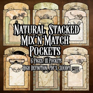 Puede incluir: Seis bolsillos de papel decorativos con diseños vintage. Cada bolsillo presenta una ilustración única y un fondo estampado en tonos beige, marrón y verde. El texto "NATURAL STACKED MIX 'N MATCH POCKETS" se muestra de forma destacada. El texto también incluye el número de páginas y bolsillos.