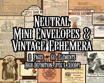 Neutral Vintage Mini-Envelopes and Ephemera Bundle for Journals Decoupage Collage Scrapbooking Instant download