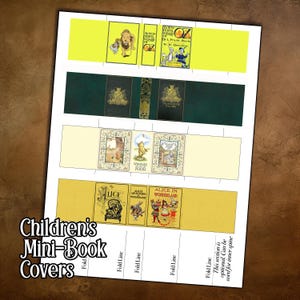 May include: Printed sheet of children's mini-book covers featuring classic book titles. The covers include illustrations and text from "The Wonderful Wizard of Oz", "Winnie the Pooh", and "Alice in Wonderland". The sheet has fold lines.