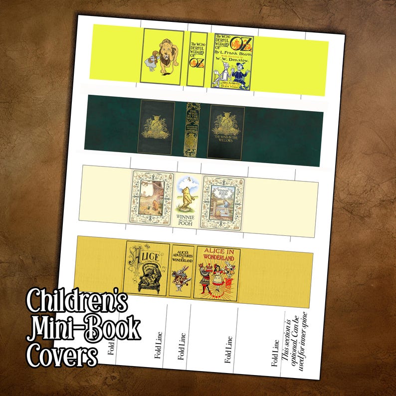 May include: Printed sheet of children's mini-book covers featuring classic book titles. The covers include illustrations and text from "The Wonderful Wizard of Oz", "Winnie the Pooh", and "Alice in Wonderland". The sheet has fold lines.