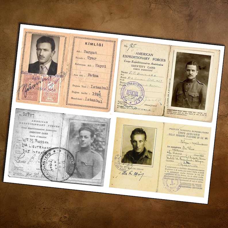 May include: A collection of vintage identity cards and documents, featuring black and white portraits of men. The cards include text in multiple languages, stamps, and official seals. The documents appear aged with a sepia tone.