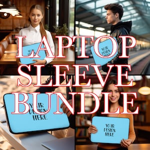 May include: A bundle of four laptop sleeves with a light blue background and black trim. The sleeves have the text "Your Design Here" printed on them.
