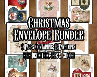 Vintage styled Christmas Envelope Bundle 9 Pages of Christmas-Themed Printables for Journals Scrapbooking and Happy Mail Instant Download