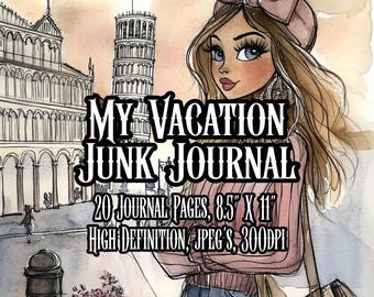 May include: Illustration of a woman with long blonde hair and a pink bow, holding a brown purse. The text "MY VACATION JUNK JOURNAL" is displayed over a watercolor background of a European city. The journal includes 20 pages, 8.5" x 11" size.
