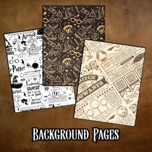 May include: Four decorative background pages with a brown background. The pages feature various designs, including a black and white design with text and illustrations, and a black and gold design with repeating patterns. The text "BACKGROUND PAGES" is at the bottom.