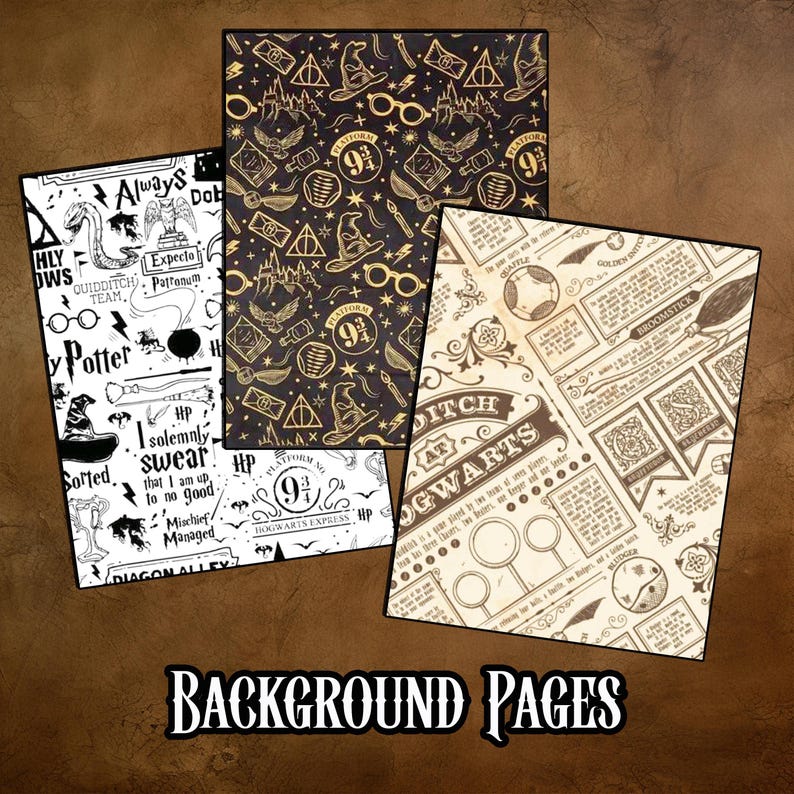 May include: Four decorative background pages with a brown background. The pages feature various designs, including a black and white design with text and illustrations, and a black and gold design with repeating patterns. The text "BACKGROUND PAGES" is at the bottom.