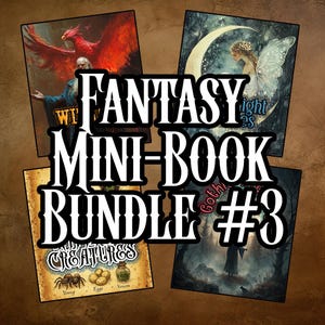 May include: A bundle of four fantasy mini-books. The books feature illustrations of a phoenix, a fairy on a crescent moon, a spider with eggs and venom, and a cloaked figure in a forest. The text "Fantasy Mini-Book Bundle #3" is displayed.