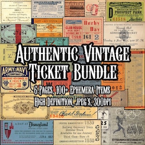 Op de afbeelding: Een collage van vintage tickets en ephemera, met de tekst "Authentic Vintage Ticket Bundle". Bevat tickets van verschillende evenementen en locaties, met data en details, zoals treinkaartjes.
