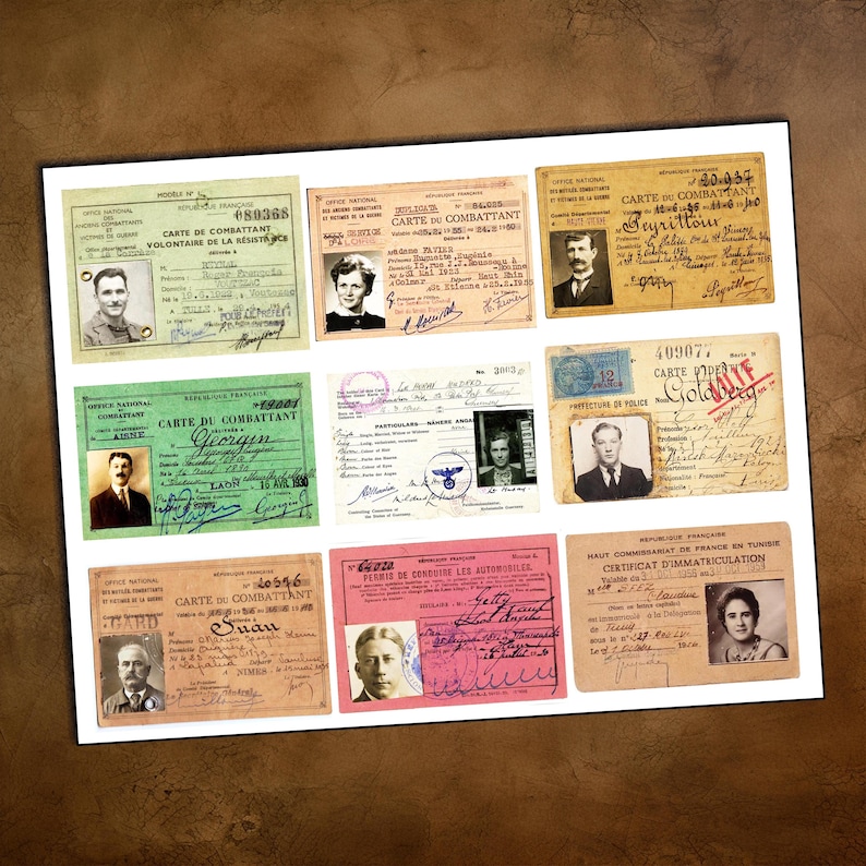 May include: A collection of nine vintage cards, each featuring a portrait and handwritten text. The cards vary in color, including green, pink, and tan, and appear to be historical documents, possibly identification cards or certificates.