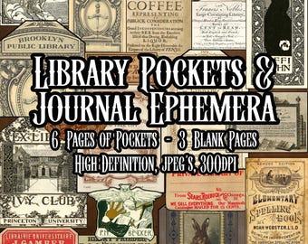 Vintage Library and Books Pockets Typography Ephemera Collage Sheets Junk Journal Printable Art Scrapbooking Journal Instant Download