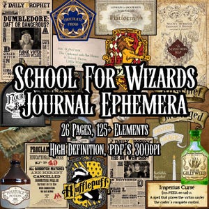 Pode incluir: Uma coleção de efêmeros para diário com tema de bruxos, contendo 26 páginas e 125 elementos. O conjunto inclui gráficos impressos de jornais Daily Prophet, um Mapa do Maroto, brasões de casas, rótulos de poções e decretos em alta definição.