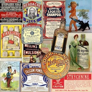 May include: A collage of vintage advertisements for various products, including headache pills, shampoo, laxative, cough syrup, talcum powder, witch hazel, and a catarrh remedy. The ads feature colorful illustrations and bold text.