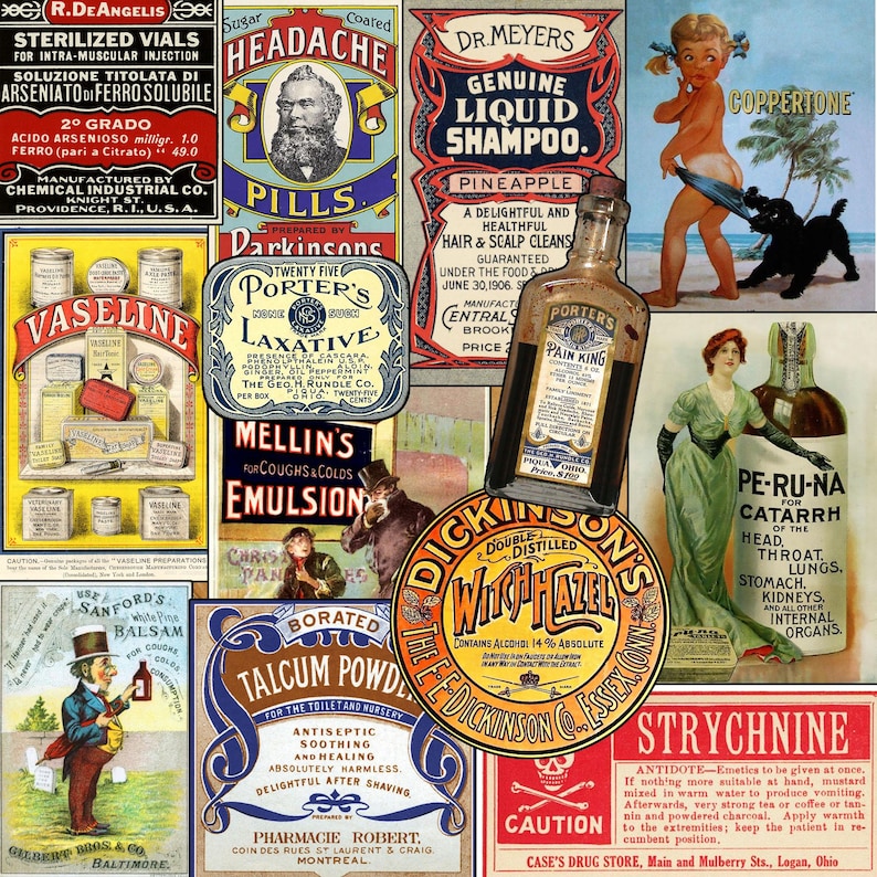 May include: A collage of vintage advertisements for various products, including headache pills, shampoo, laxative, cough syrup, talcum powder, witch hazel, and a catarrh remedy. The ads feature colorful illustrations and bold text.