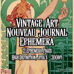 Póster de diario basura Art Nouveau vintage, tarjeta efímera, álbum de recortes, collage, arte de acuarela vintage, efímera, kit de decoupage, descarga instantánea