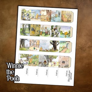 May include: A printed paper featuring illustrations from Winnie the Pooh. The paper is divided into strips with scenes from the story, including characters like Pooh, Piglet, and Eeyore. The text "Winnie the Pooh" is printed on the bottom left.