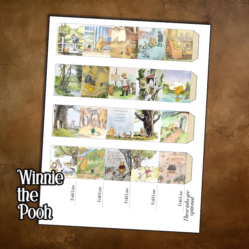 May include: A printed paper featuring illustrations from Winnie the Pooh. The paper is divided into strips with scenes from the story, including characters like Pooh, Piglet, and Eeyore. The text "Winnie the Pooh" is printed on the bottom left.