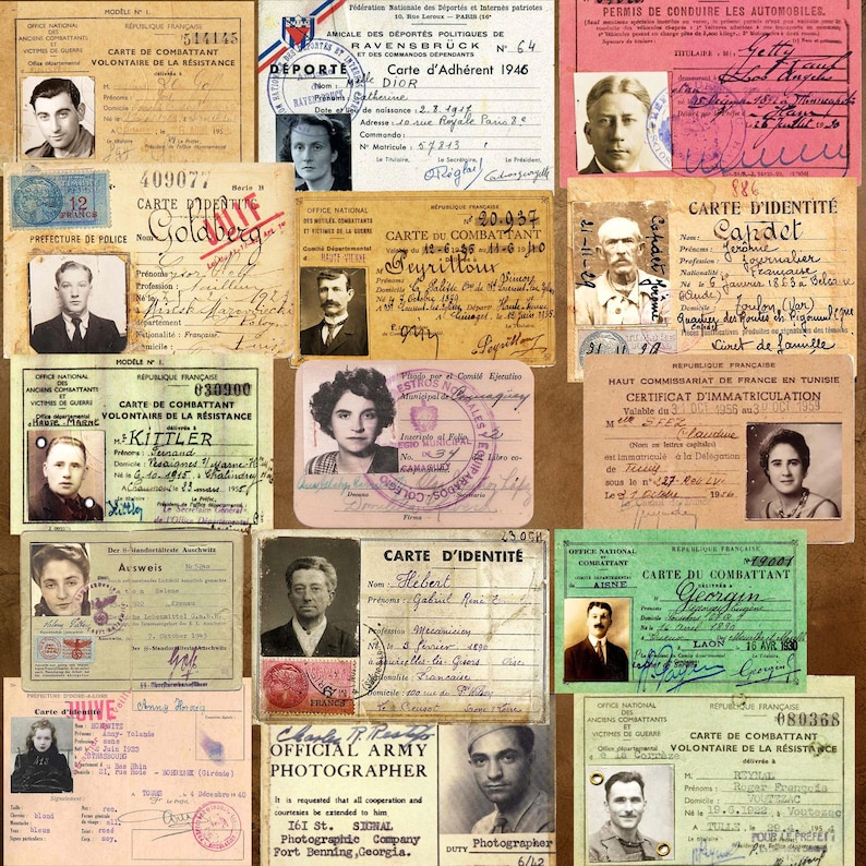 May include: A collection of vintage identification cards and documents, featuring portraits, signatures, and stamps. The cards vary in color and design, with text in French and German. The theme suggests historical documentation.