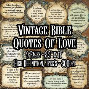 Puede incluir: Un collage digital con nueve marcos de estilo vintage que contienen versículos bíblicos sobre el amor. Los marcos tienen bordes decorativos y son de diferentes formas y colores. El texto "Vintage Bible Quotes of Love" se muestra, junto con el tamaño y la resolución del producto.