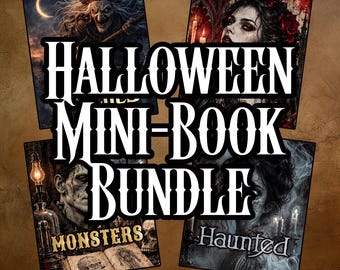 May include: A Halloween mini-book bundle featuring four distinct rectangular covers with dark, gothic illustrations. The central white text reads HALLOWEEN MINI-BOOK BUNDLE, with additional text labels MONSTERS and HAUNTED visible on the lower covers.