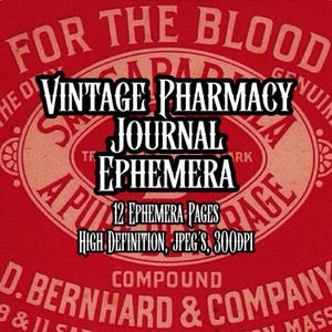 May include: Vintage pharmacy journal ephemera with 12 pages. The red and white label features the text "For the Blood" and "Compound D. Bernhard & Company".