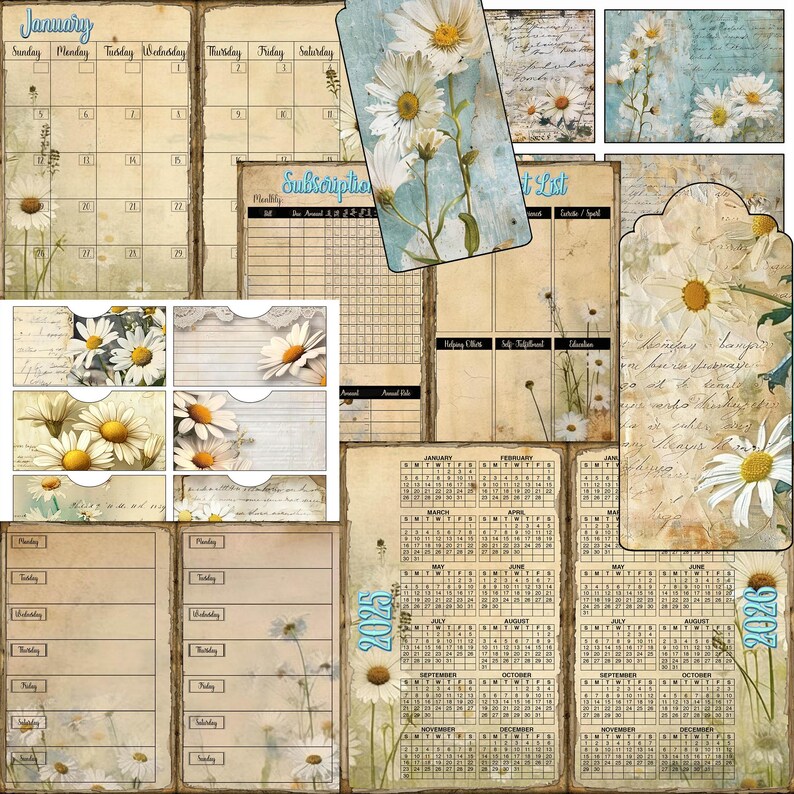 Shabby Daisy 2025 Calendar Junk Journal Printable Pages Scrapbooking