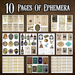 May include: A collection of ephemera pages with a vintage aesthetic. The image features various themed elements, including potion bottles, crests, labels, and book covers. The text "10 PAGES OF EPHEMERA" is displayed at the top.