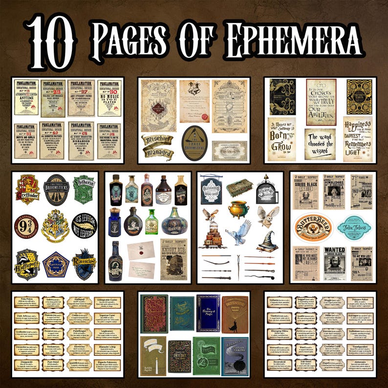 May include: A collection of ephemera pages with a vintage aesthetic. The image features various themed elements, including potion bottles, crests, labels, and book covers. The text "10 PAGES OF EPHEMERA" is displayed at the top.