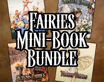 May include: A collection of four illustrated mini-books titled Fairies Mini-Book Bundle. The covers feature artwork of fairies in various seasonal settings, including Winter Fairies, Autumn Fairies, and Flower Fairies, with detailed imagery.
