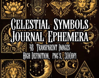 May include: A collection of gold-toned celestial illustrations on a dark background, featuring a lotus, hamsa, moth, sun, moon, lion, tree, and snake. Text reads: CELESTIAL SYMBOLS JOURNAL EPHEMERA, 48 TRANSPARENT IMAGES, HIGH DEFINITION, PNG'S, 300DPI.