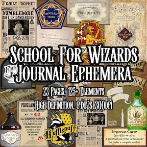 Puede incluir: Un collage de efemérides de diario temáticas de magos, con recortes de periódicos, botellas de pociones y escudos. El texto dice "School for Wizards Journal Ephemera", con detalles: "23 páginas, 125+ elementos, alta definición, PDF 300DPI."