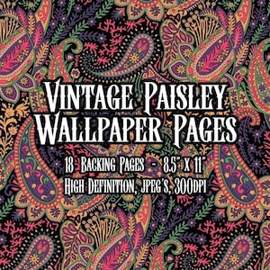 Puede incluir: Un colorido diseño de cachemira en tonos rosa, morado, verde y dorado sobre un fondo negro. El texto "VINTAGE PAISLEY WALLPAPER PAGES" se muestra, junto con detalles del producto: 18 páginas de respaldo, tamaño 21,6 cm x 27,9 cm y JPEG de alta definición.