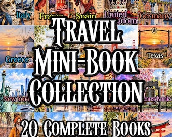 May include: A collage of twenty travel-themed images featuring landmarks from Italy, France, Spain, the United Kingdom, Germany, Greece, Texas, New York, Pennsylvania, India, Thailand, Rhode Island, Vietnam, and Japan with the text TRAVEL MINI-BOOK COLLECTION 20 COMPLETE BOOKS.