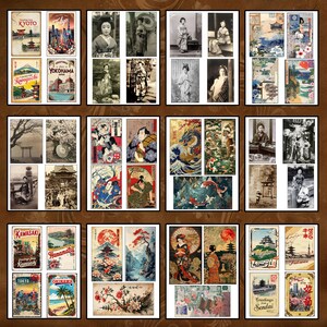 May include: A collage of vintage postcards featuring images of Japanese cities, landscapes, and people. The postcards are arranged in a grid pattern and include text in Japanese and English.