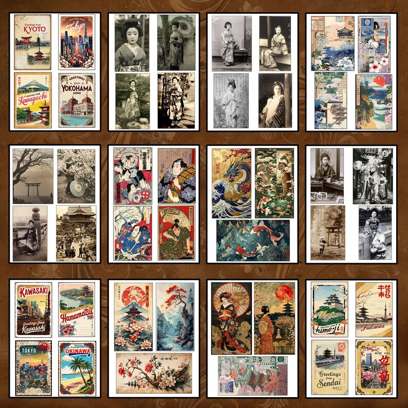 May include: A collage of vintage postcards featuring images of Japanese cities, landscapes, and people. The postcards are arranged in a grid pattern and include text in Japanese and English.