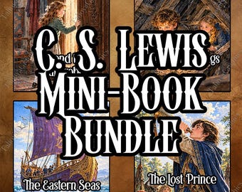 May include: A C.S. Lewis mini-book bundle featuring four distinct illustrations. The images depict a girl opening a wooden door, children in a wooden attic, a purple ship on the sea titled The Eastern Seas, and a person looking through a telescope.