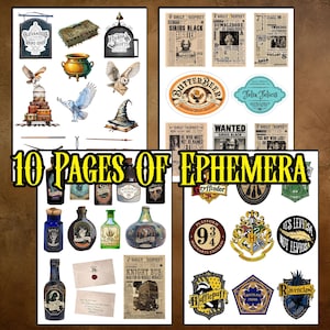 May include: A collection of ephemera featuring various designs and text. Includes images of owls, potion bottles, newspapers, and crests. The text on the image reads "10 PAGES OF EPHEMERA".