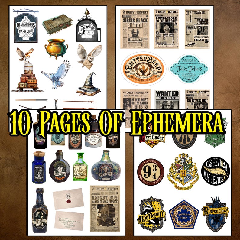 May include: A collection of ephemera featuring various designs and text. Includes images of owls, potion bottles, newspapers, and crests. The text on the image reads "10 PAGES OF EPHEMERA".