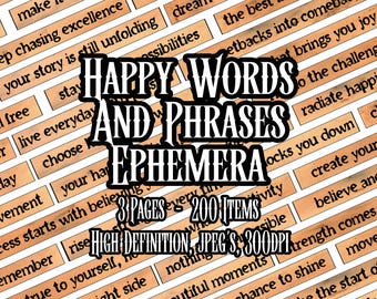 May include: A digital ephemera set featuring inspirational words and phrases on rectangular, light brown backgrounds. The set includes 200 items across 3 pages, in high definition JPEG format at 300 DPI. The words are in a variety of fonts.