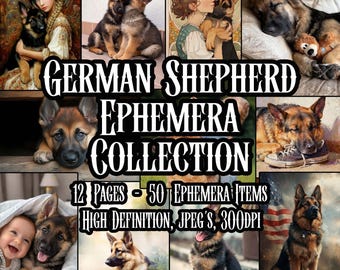 German Shepherd Paper Ephemera Kit Ideal Gift for Dog Lovers Enthusiasts Printable Collage Decoupage Scrapbooking Instant Download