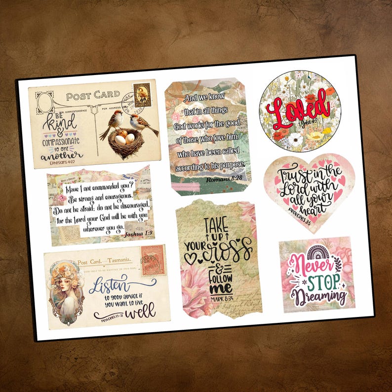May include: A collection of decorative stickers with inspirational quotes and floral designs. The stickers include phrases like "Be kind," "Trust in the Lord," and "Never Stop Dreaming." The color palette includes soft pastels and vintage-style elements.
