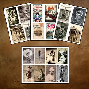May include: A collage of vintage postcards featuring images of Japan. The postcards depict scenes of traditional Japanese architecture, landscapes, and people. The postcards are in black and white and sepia tones.