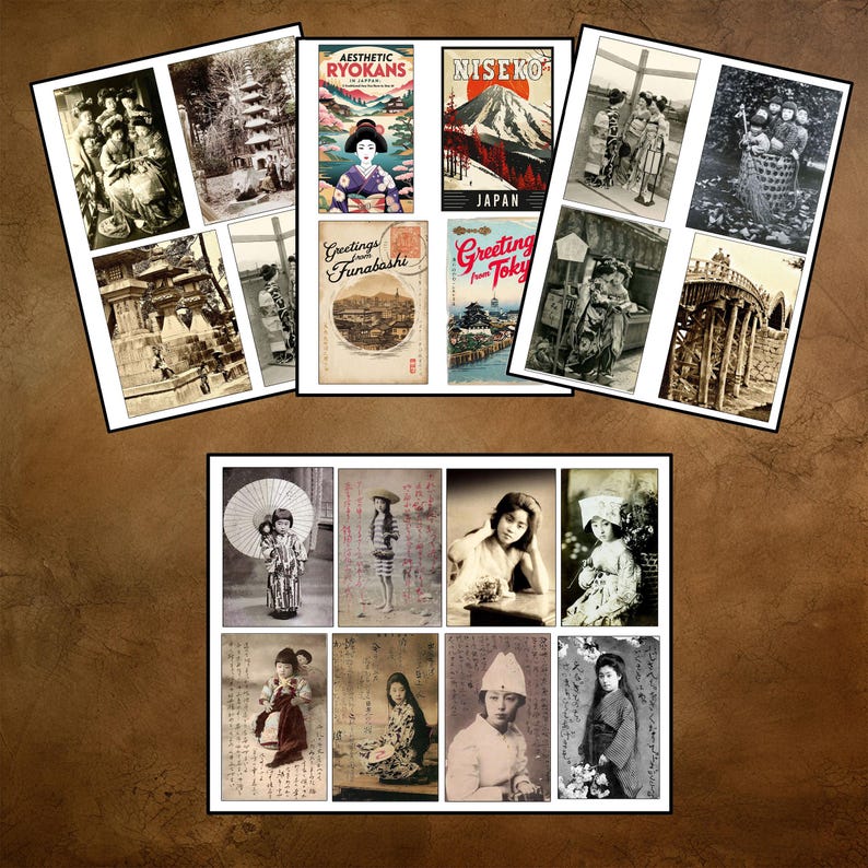 May include: A collage of vintage postcards featuring images of Japan. The postcards depict scenes of traditional Japanese architecture, landscapes, and people. The postcards are in black and white and sepia tones.