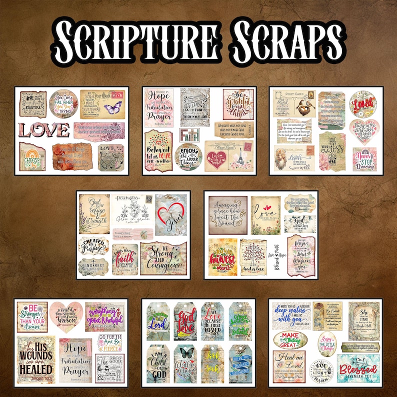 May include: A collection of scripture-themed scrapbook embellishments. The image features various shapes and sizes, including tags, hearts, and rectangular pieces, with inspirational quotes and phrases. The color palette includes beige, brown, and pastel hues.